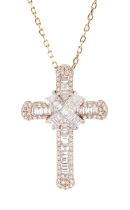 18ct gold baguette and round brilliant cut diamond cross pendant necklace