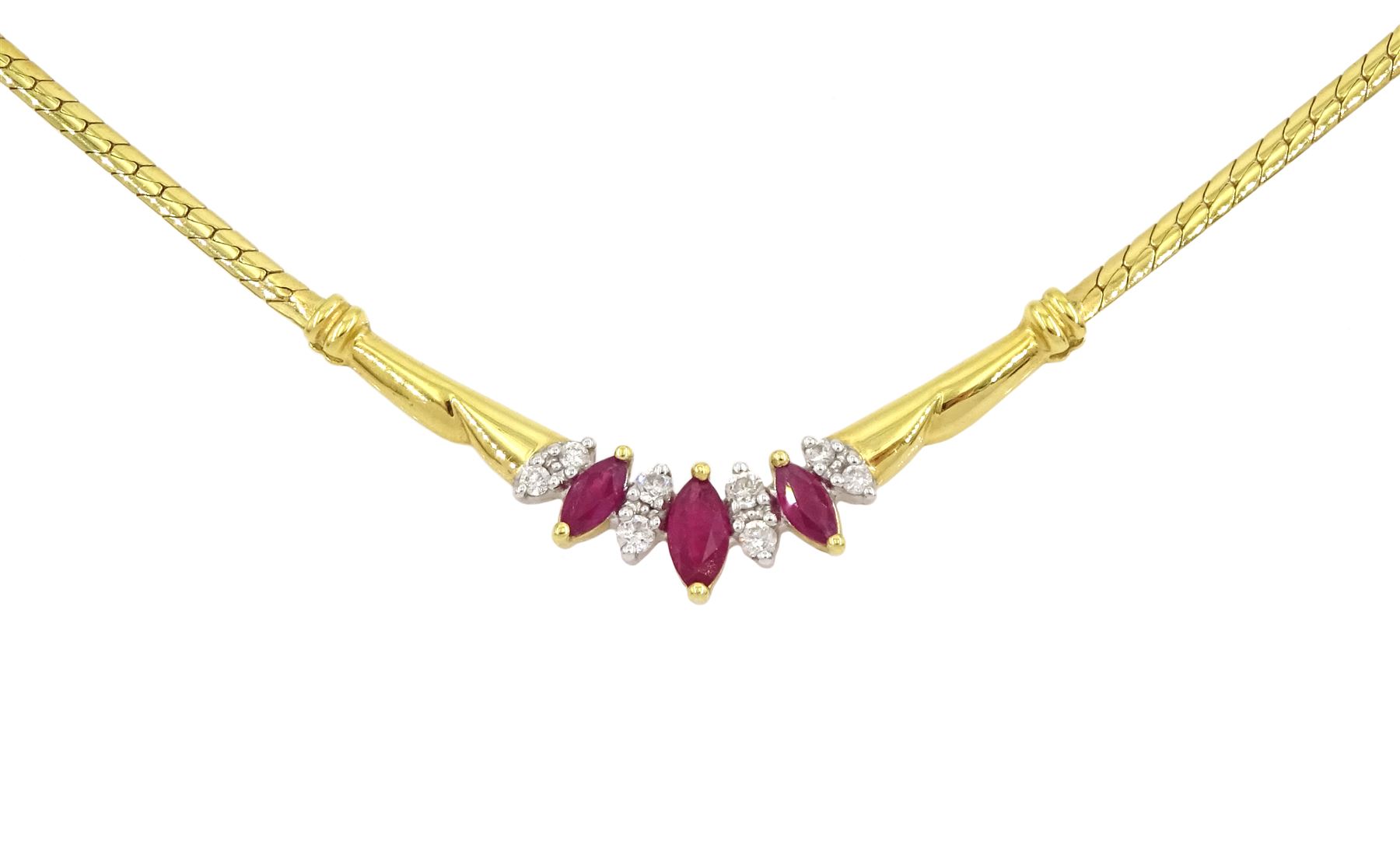 18ct gold marquise cut ruby and round brilliant cut diamond necklace