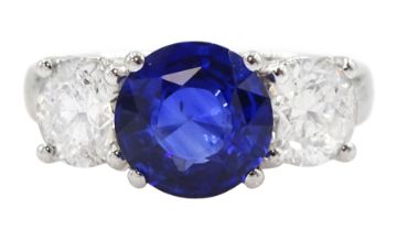 18ct white gold three stone sapphire and round brilliant cut diamond ring