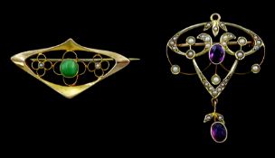 Two Edwardian 9ct gold brooches including garnet and seed pearl and turquoise and seed pearl