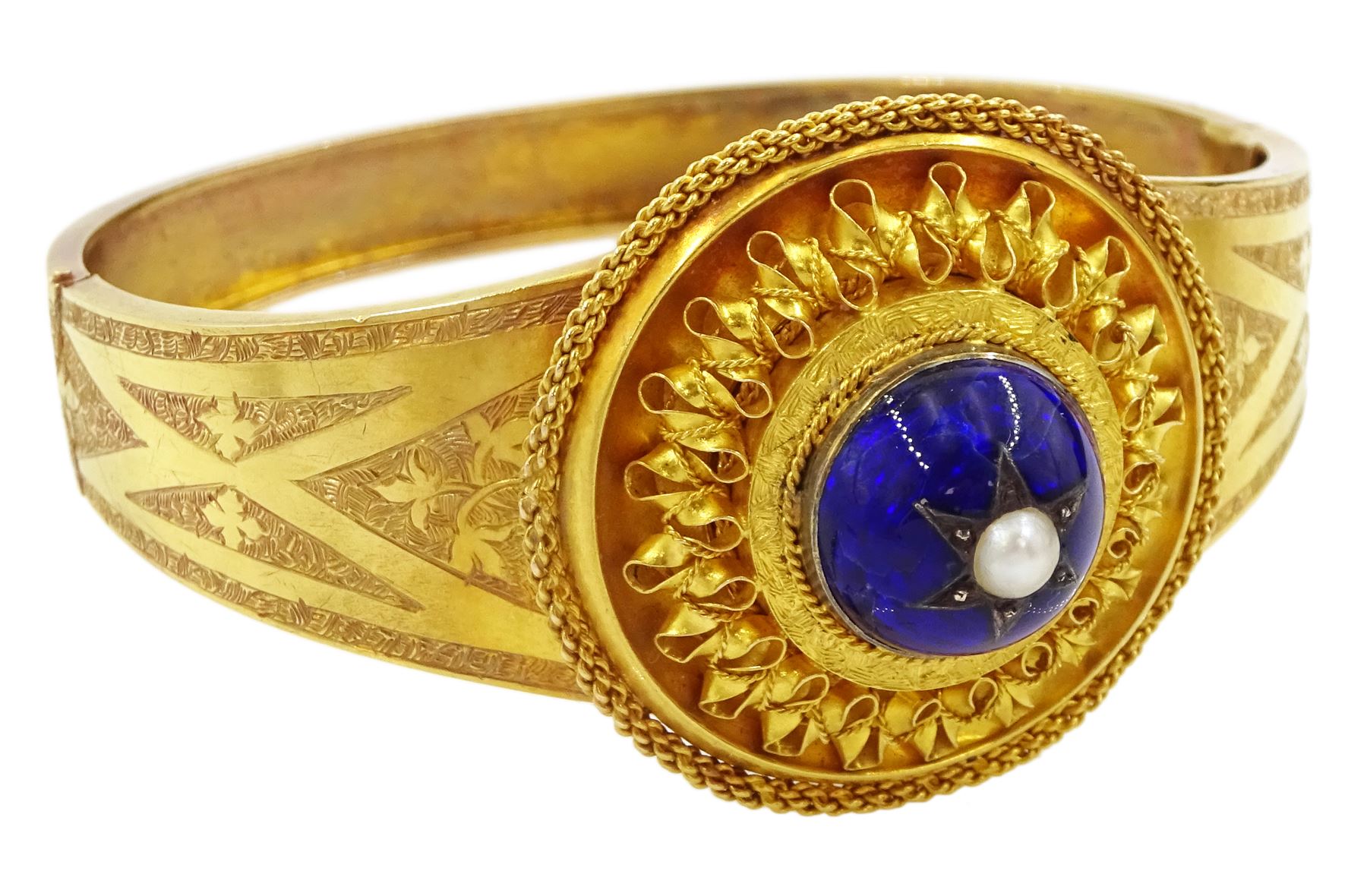 Victorian 18ct gold enamel and seed pearl hinged bangle and matching brooch - Image 2 of 6