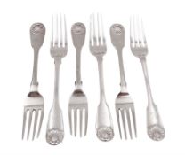 Six William IV silver Fiddle and Shell pattern table forks