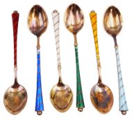 Set of six Danish silver gilt coloured guilloche enamel coffee spoons