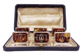 Set of six early 20th century silver mounted tortoiseshell place card holders by Asprey