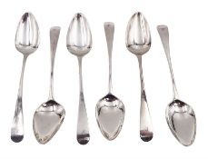 Set of six George III silver Old English pattern teaspoons