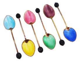 Set of six silver gilt guilloche enamel coffee bean spoons