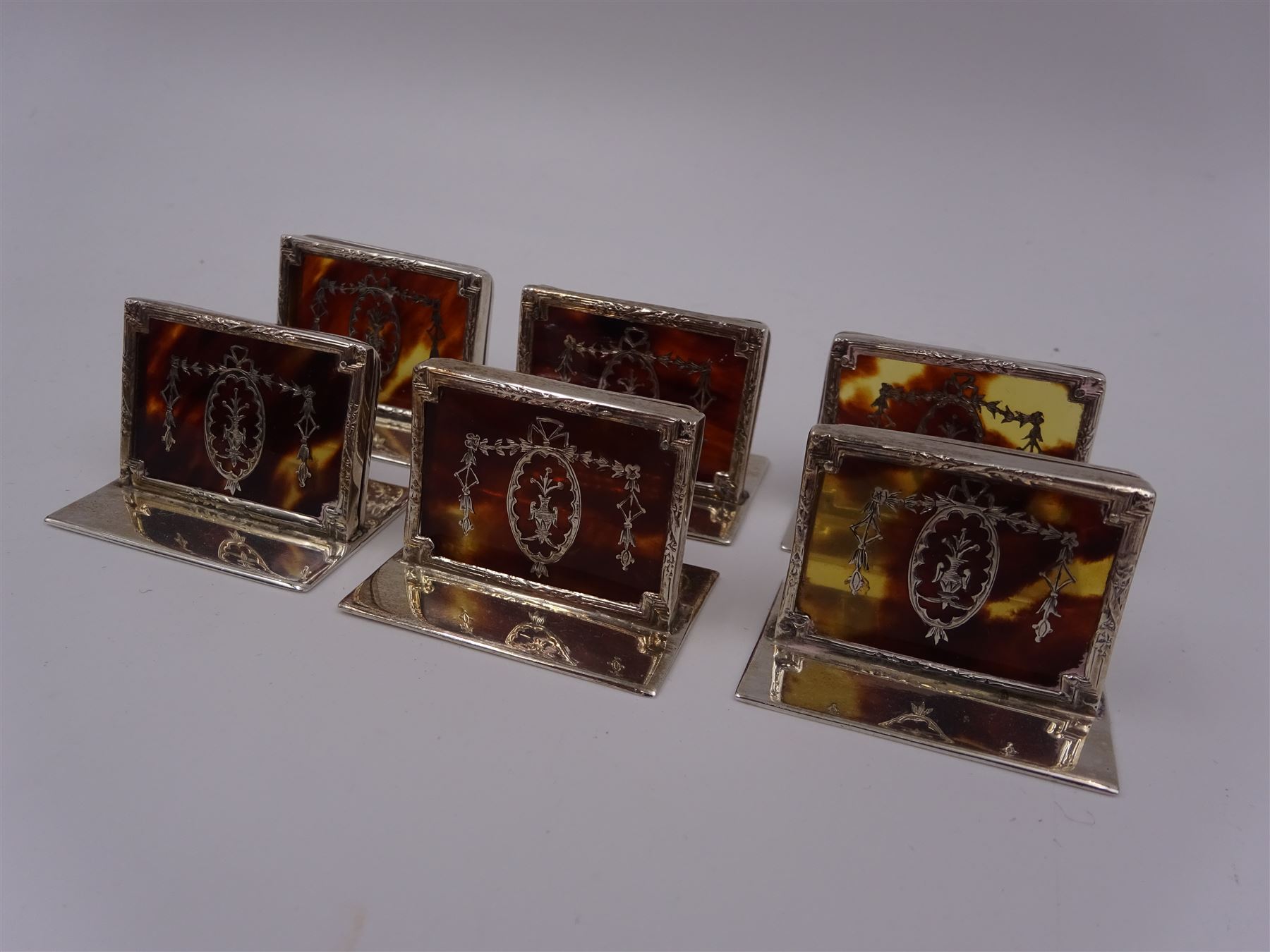 Set of six early 20th century silver mounted tortoiseshell place card holders by Asprey - Image 19 of 28