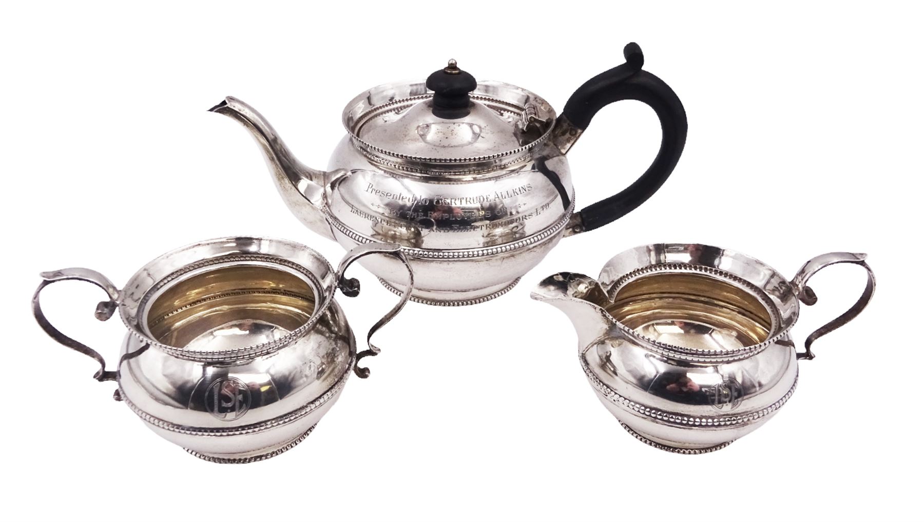 1920s silver three piece bachelors tea service