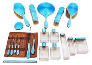 1920s silver mounted guilloche enamel dressing table set