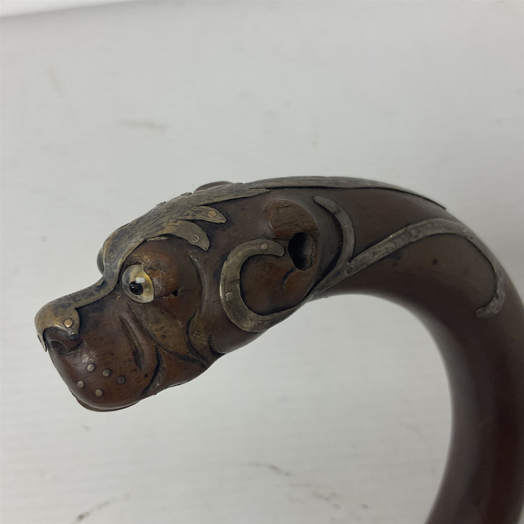 19th century carved wooden walking stick the curved handled modelled as a dog with silver mounts and - Image 4 of 12