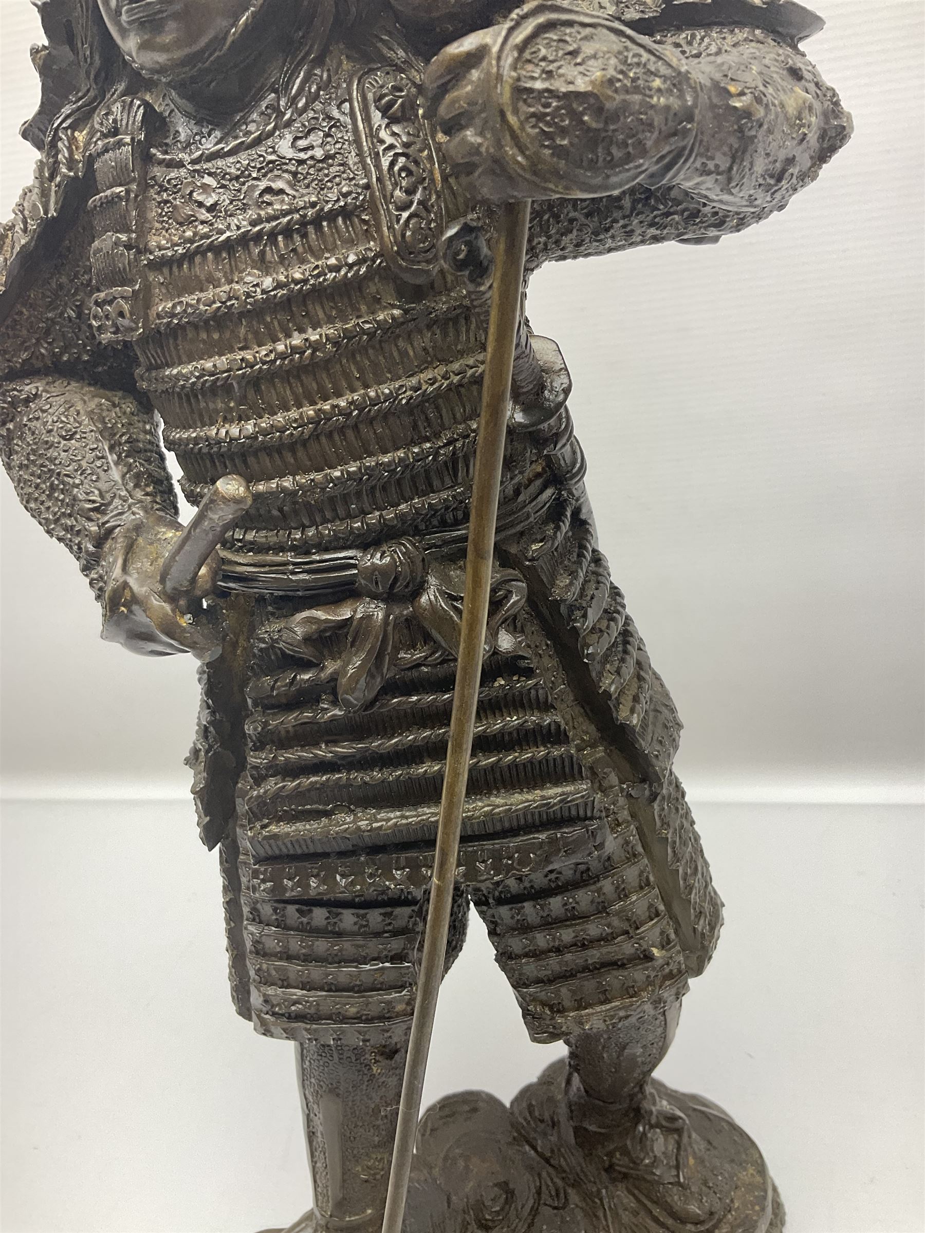 Bronze figure of a samurai standing wearing armour and holding a naginata - Image 6 of 9