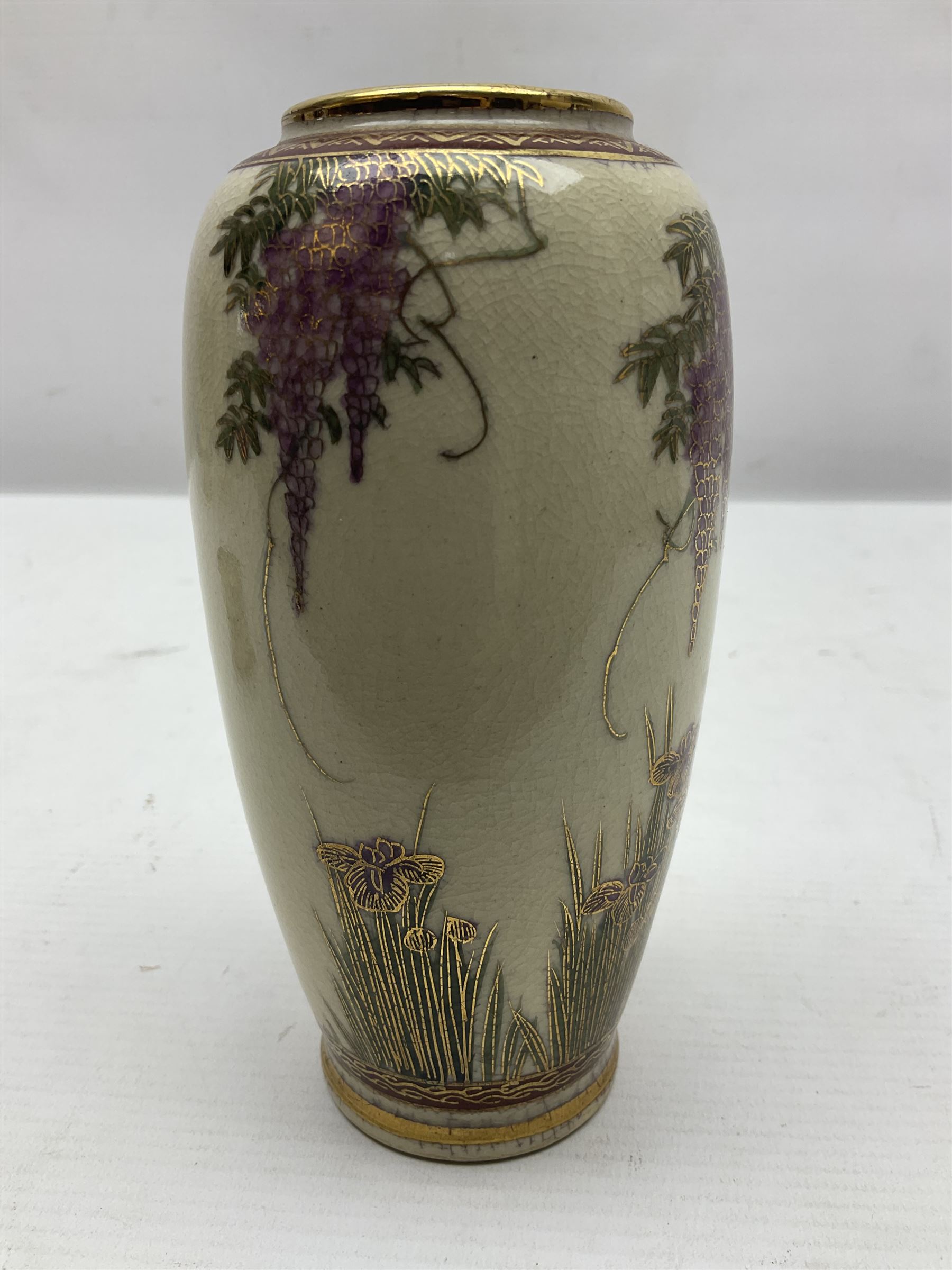 Japanese Satsuma Meiji period vase painted with a mountainous river landscape scene with wisteria an - Image 9 of 9