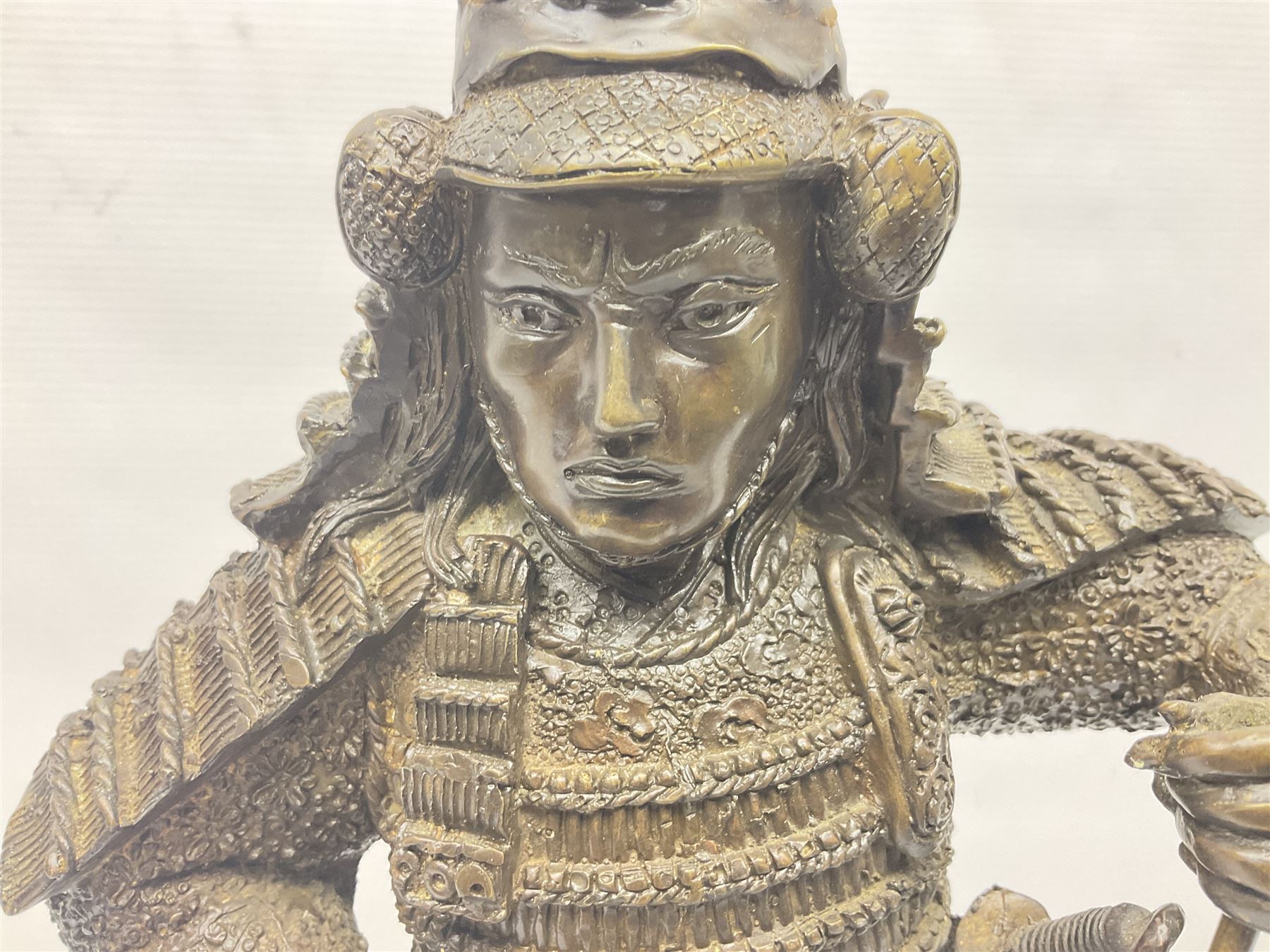 Bronze figure of a samurai standing wearing armour and holding a naginata - Image 2 of 9