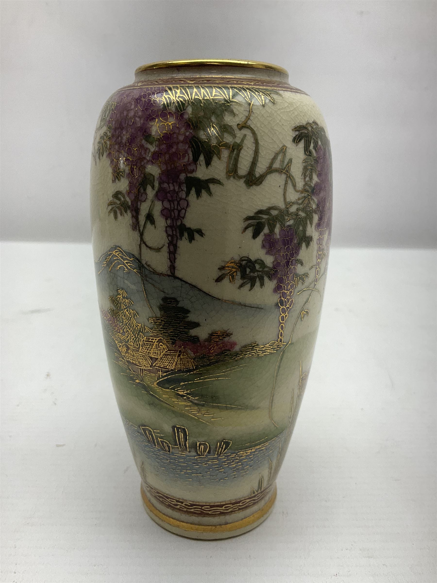 Japanese Satsuma Meiji period vase painted with a mountainous river landscape scene with wisteria an - Image 7 of 9