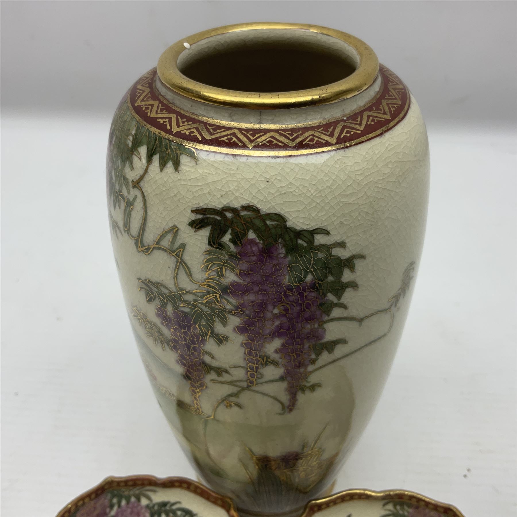 Japanese Satsuma Meiji period vase painted with a mountainous river landscape scene with wisteria an - Image 3 of 9