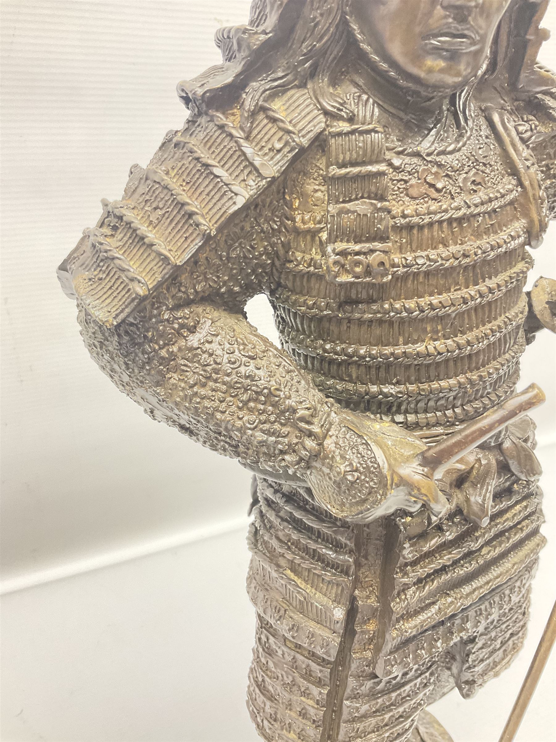 Bronze figure of a samurai standing wearing armour and holding a naginata - Image 7 of 9