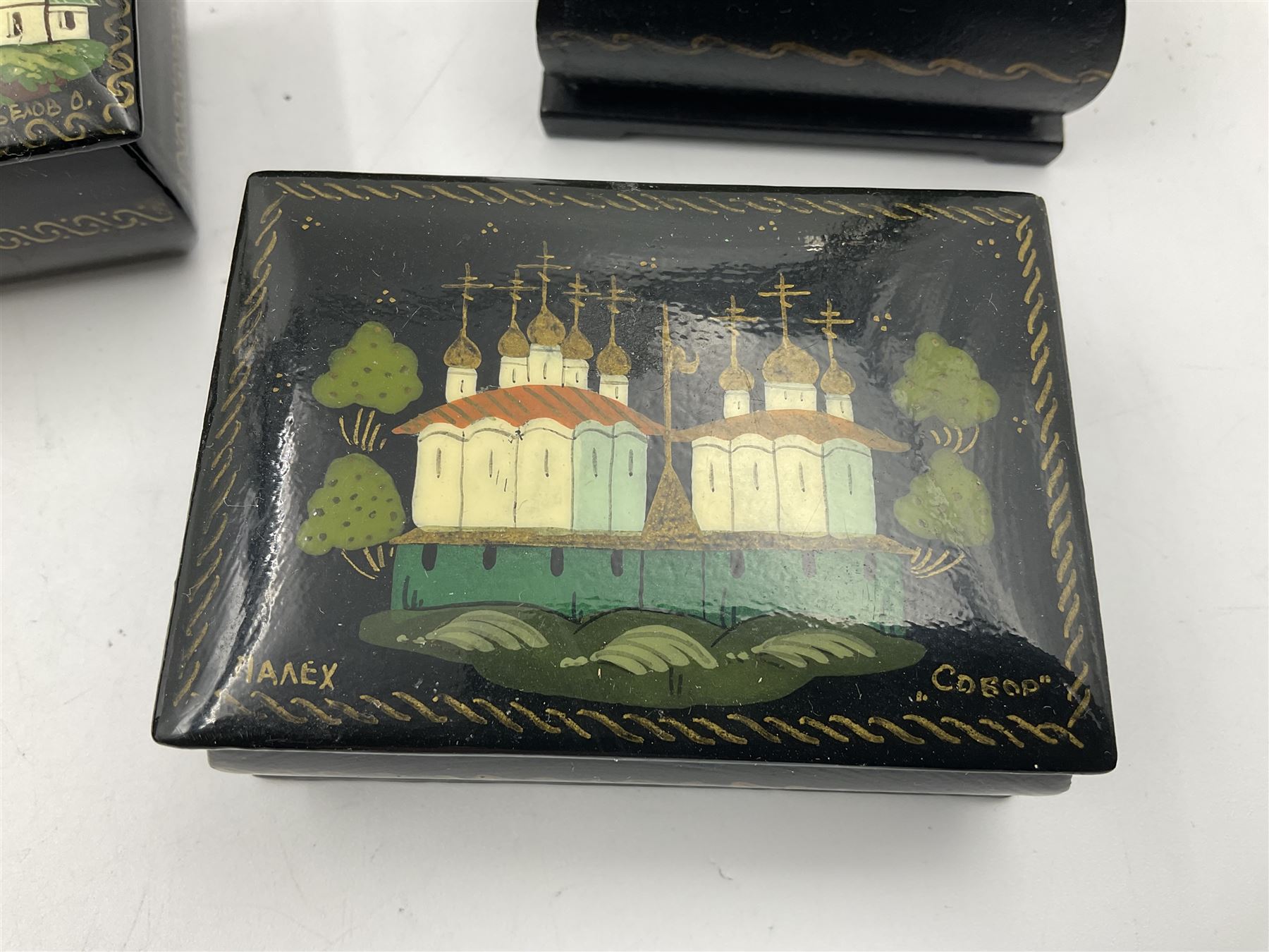 Six 20th century Russian black lacquered papier Mache boxes - Image 3 of 12