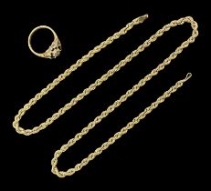 9ct gold rope twist necklace and a 9ct gold stone set cluster ring