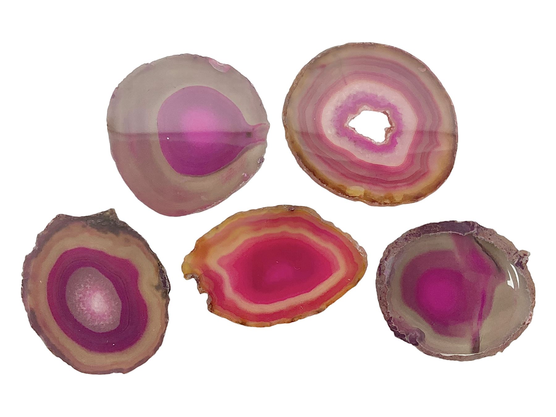 Five pink agate slices