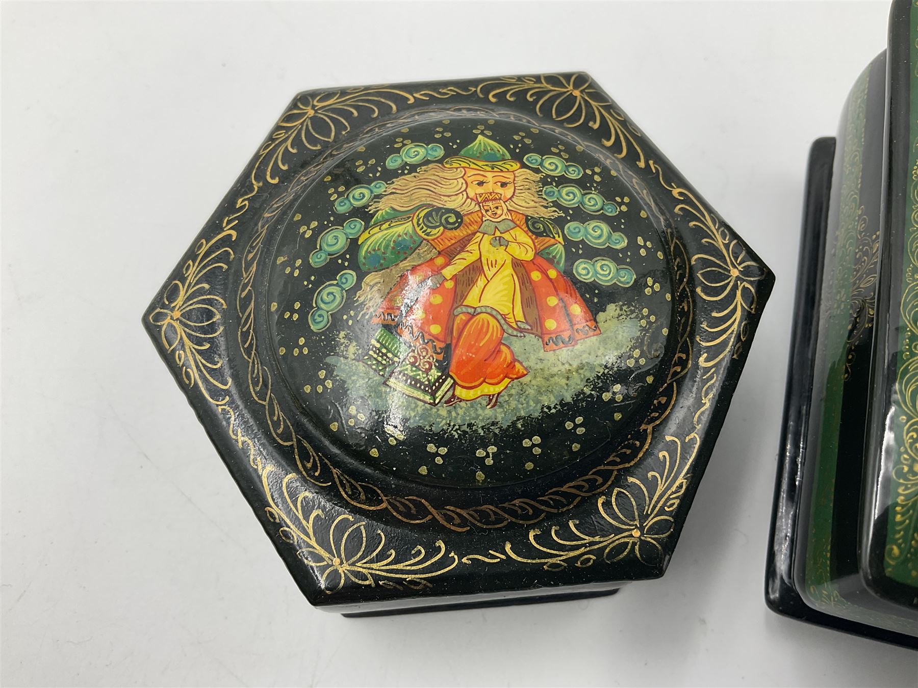 Seven 20th century Russian black lacquered papier Mache boxes - Image 10 of 12
