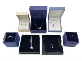 Silver stone set jewellery including amethyst flower necklace and cubic zirconia stud earrings