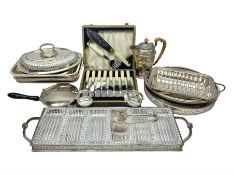 Silver plated twin handled hors d'oeuvres tray with six glass serving dishes