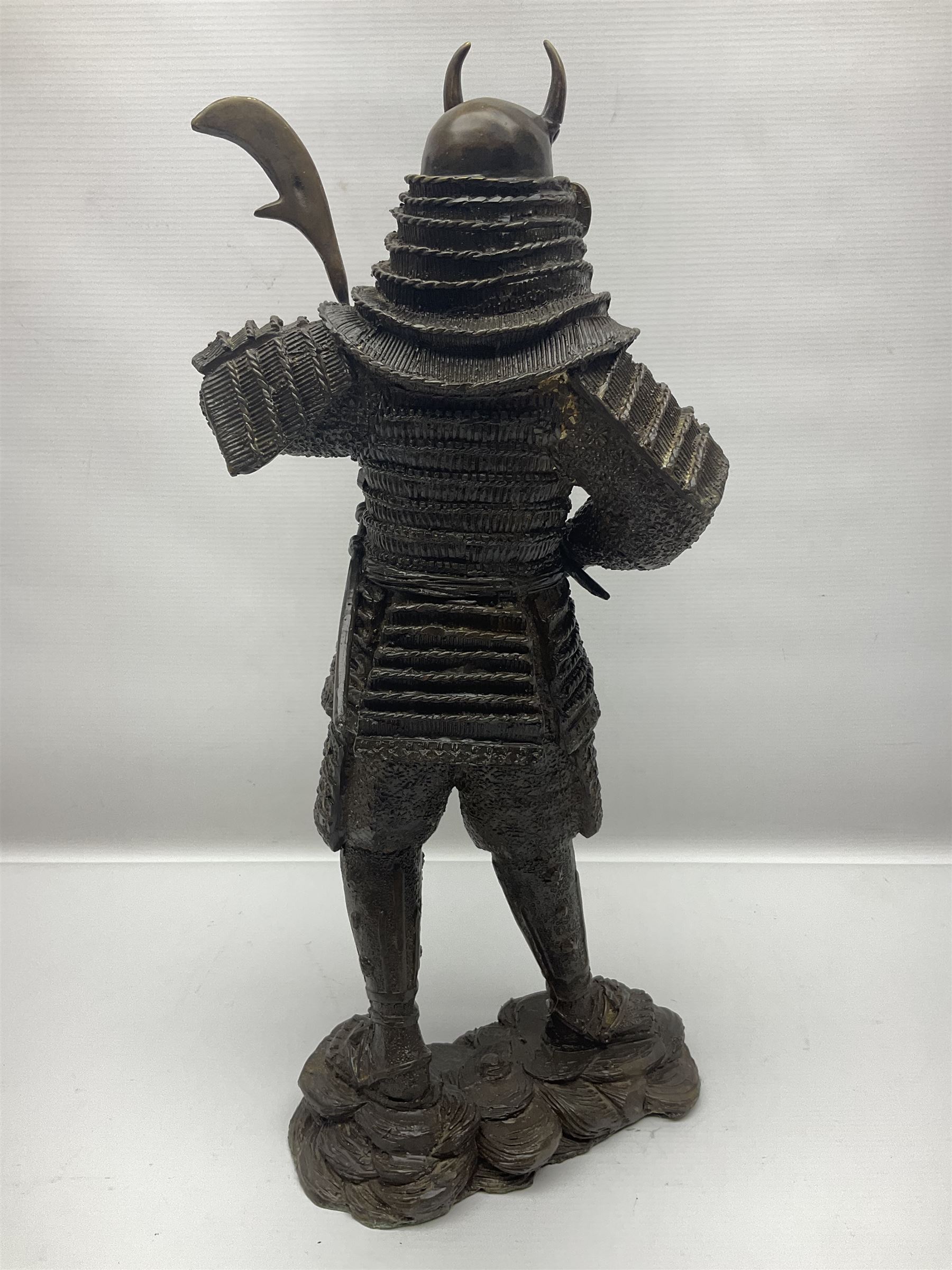 Bronze figure of a samurai standing wearing armour and holding a naginata - Image 9 of 9