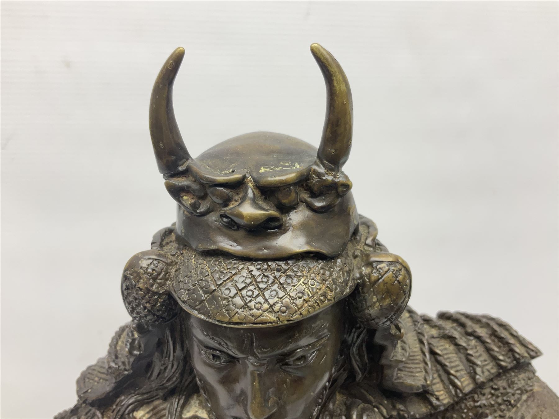 Bronze figure of a samurai standing wearing armour and holding a naginata - Image 5 of 9