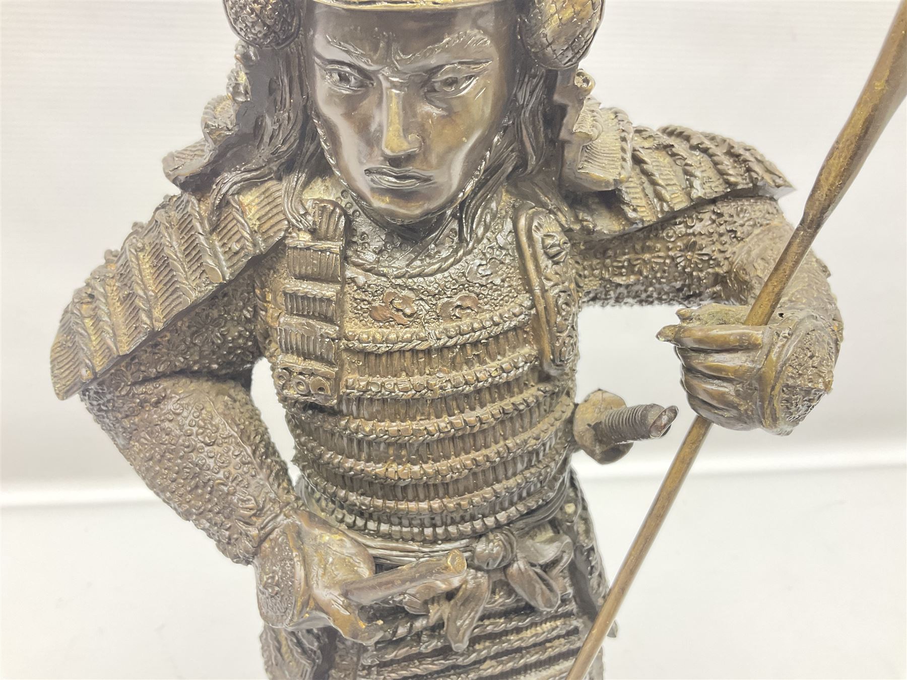 Bronze figure of a samurai standing wearing armour and holding a naginata - Image 3 of 9