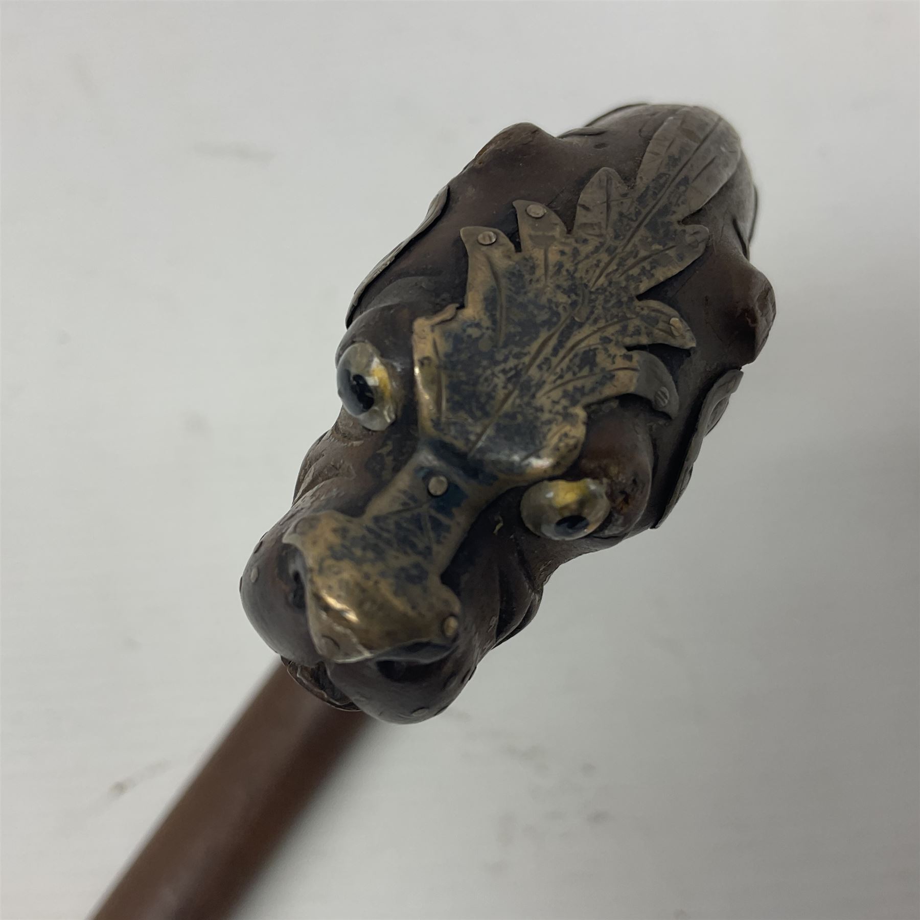 19th century carved wooden walking stick the curved handled modelled as a dog with silver mounts and - Image 3 of 12