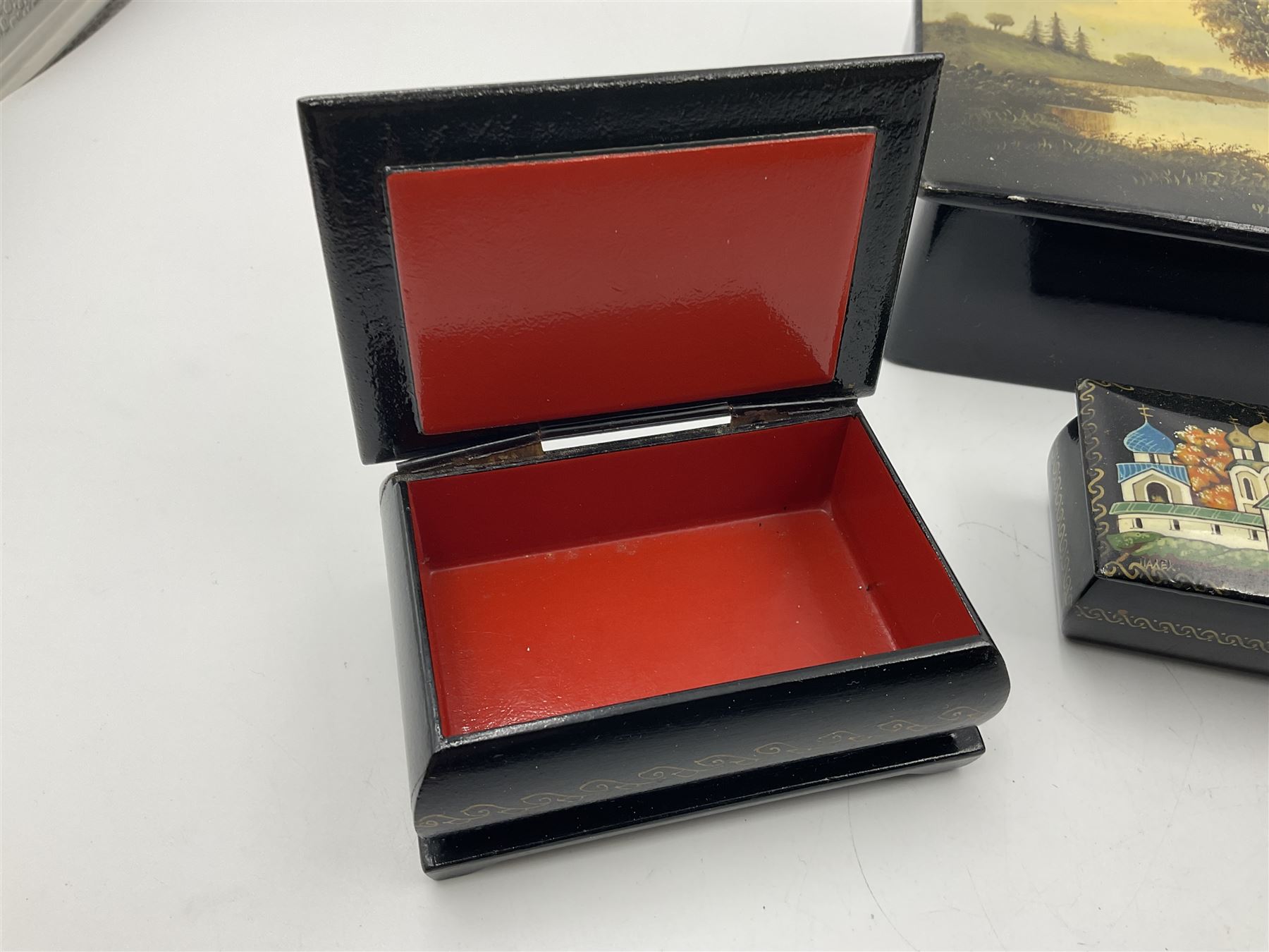 Six 20th century Russian black lacquered papier Mache boxes - Image 6 of 12