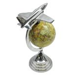 Art Deco style world globe with chrome aeroplane finial and mounts