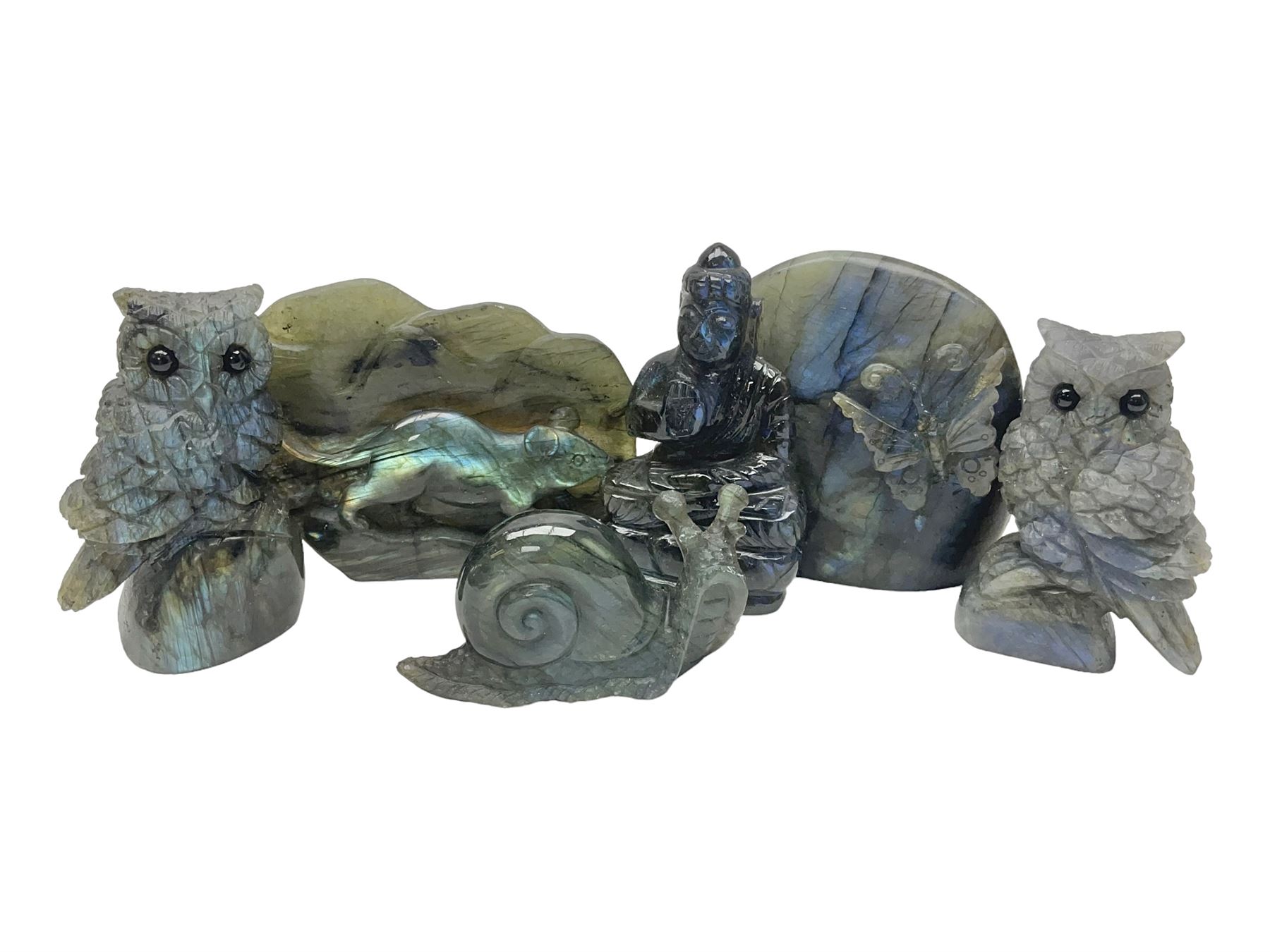 Six labradorite carvings