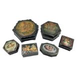 Six 20th century Russian black lacquered papier Mache boxes