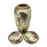 Japanese Satsuma Meiji period vase painted with a mountainous river landscape scene with wisteria an