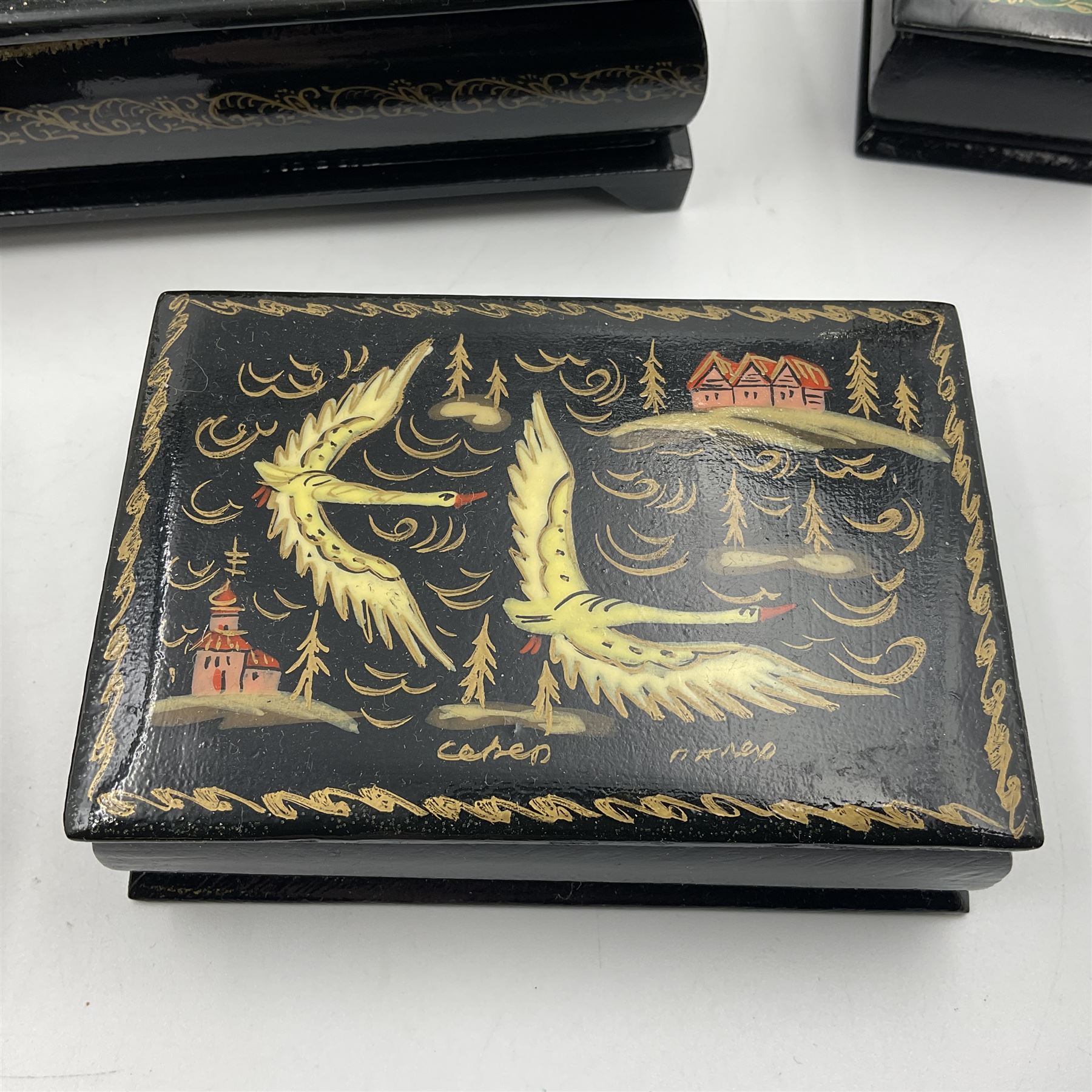 20th century Russian black lacquered papier Mache boxes - Image 2 of 12