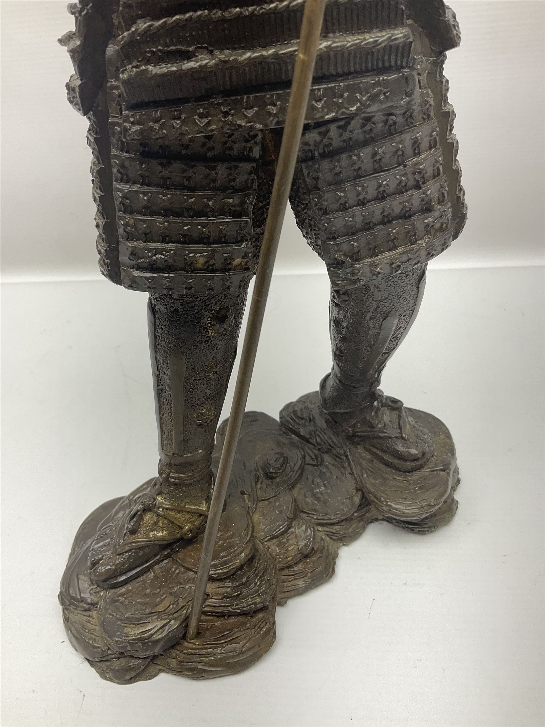 Bronze figure of a samurai standing wearing armour and holding a naginata - Image 8 of 9