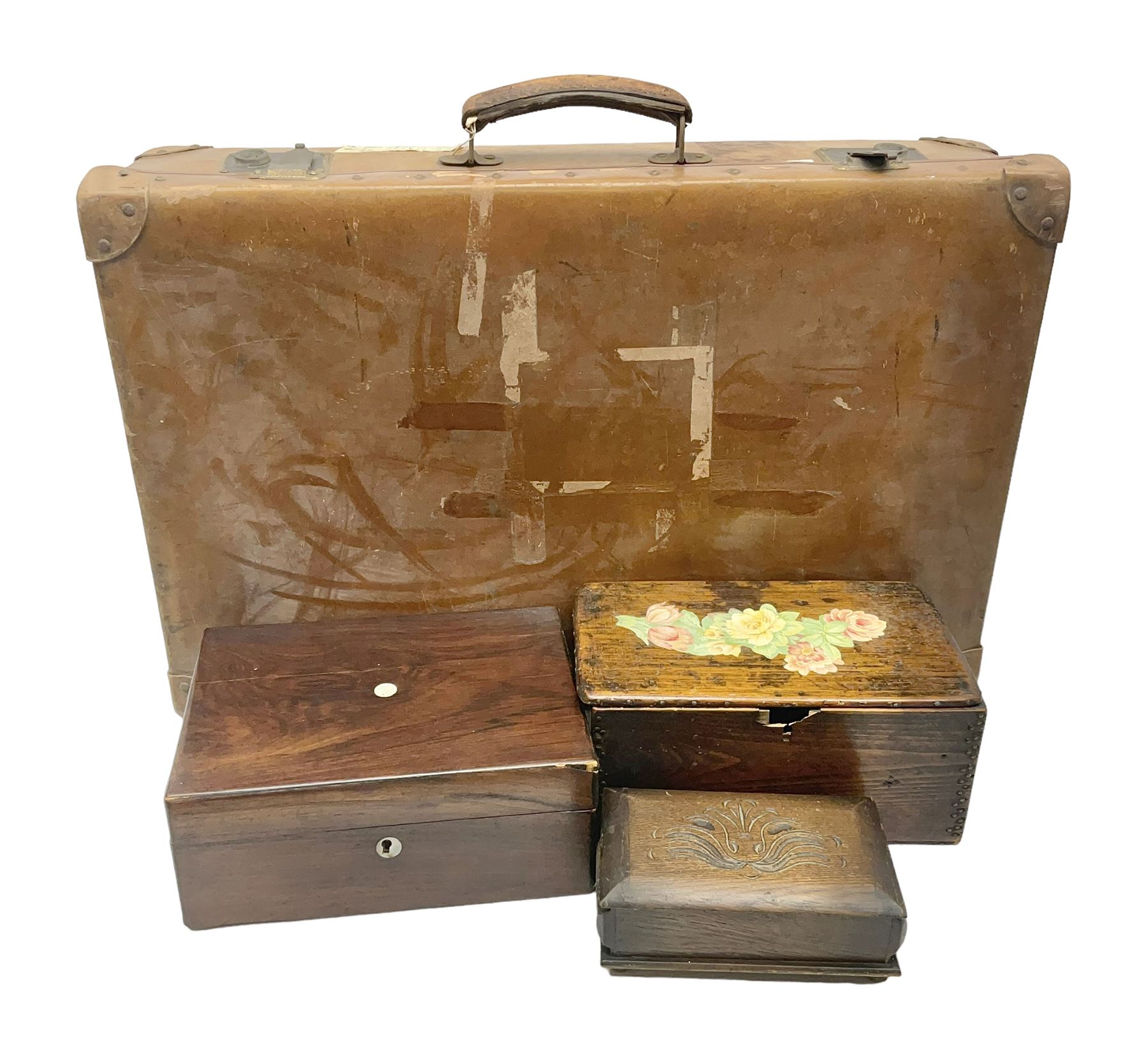 Leather suitcase together with three wooden boxes