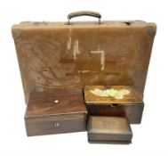 Leather suitcase together with three wooden boxes