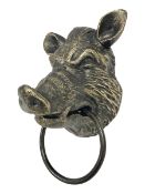 Bronzed effect painted cast iron wall hanging Boar head with metal ring