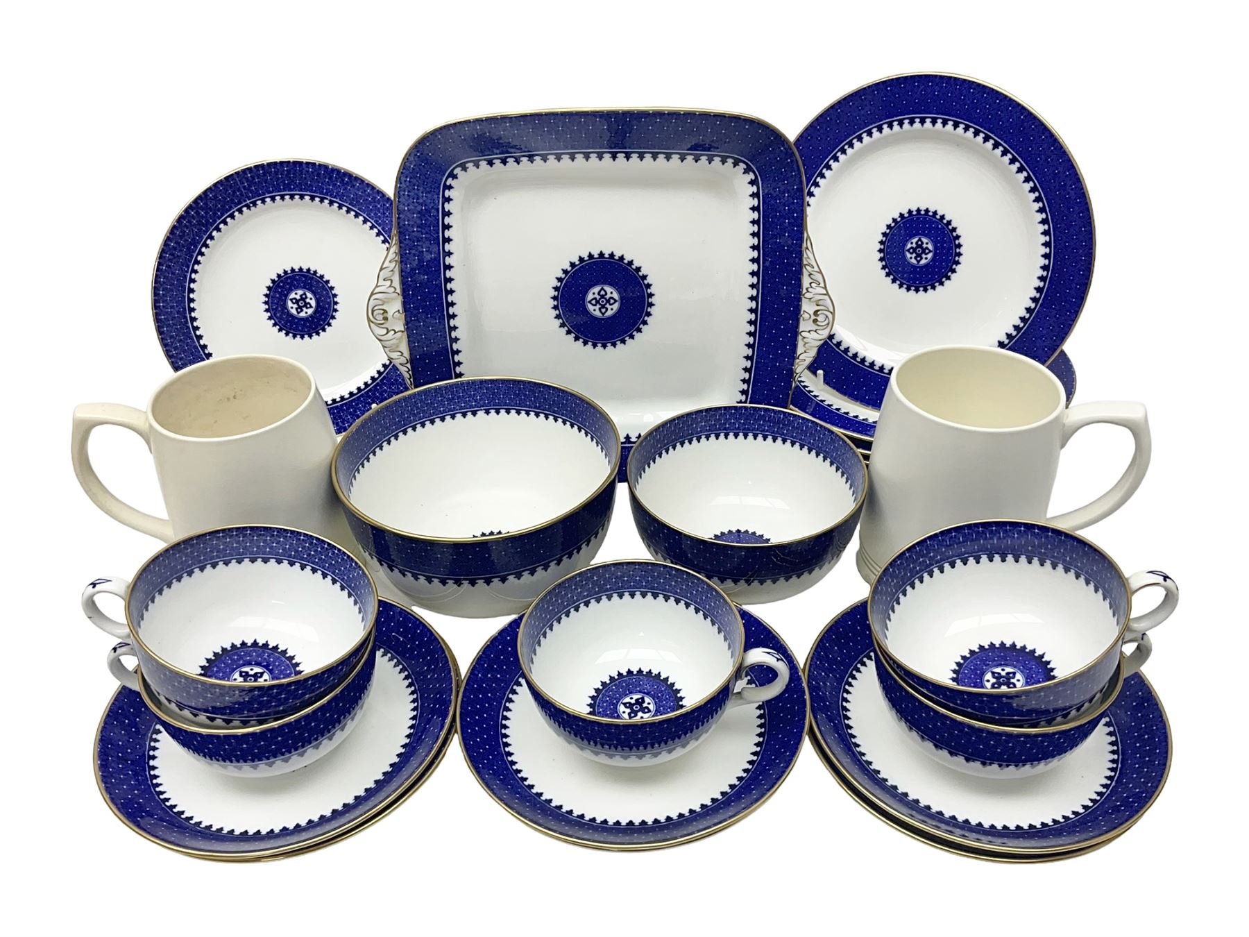 Two Wedgwood Keith Murray tankards and a Wedgwood blue and white part coffee service