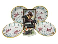 Four Grazia Deruta plates together with Franklin Mint The Origins of Champions Darley Arabian bronze