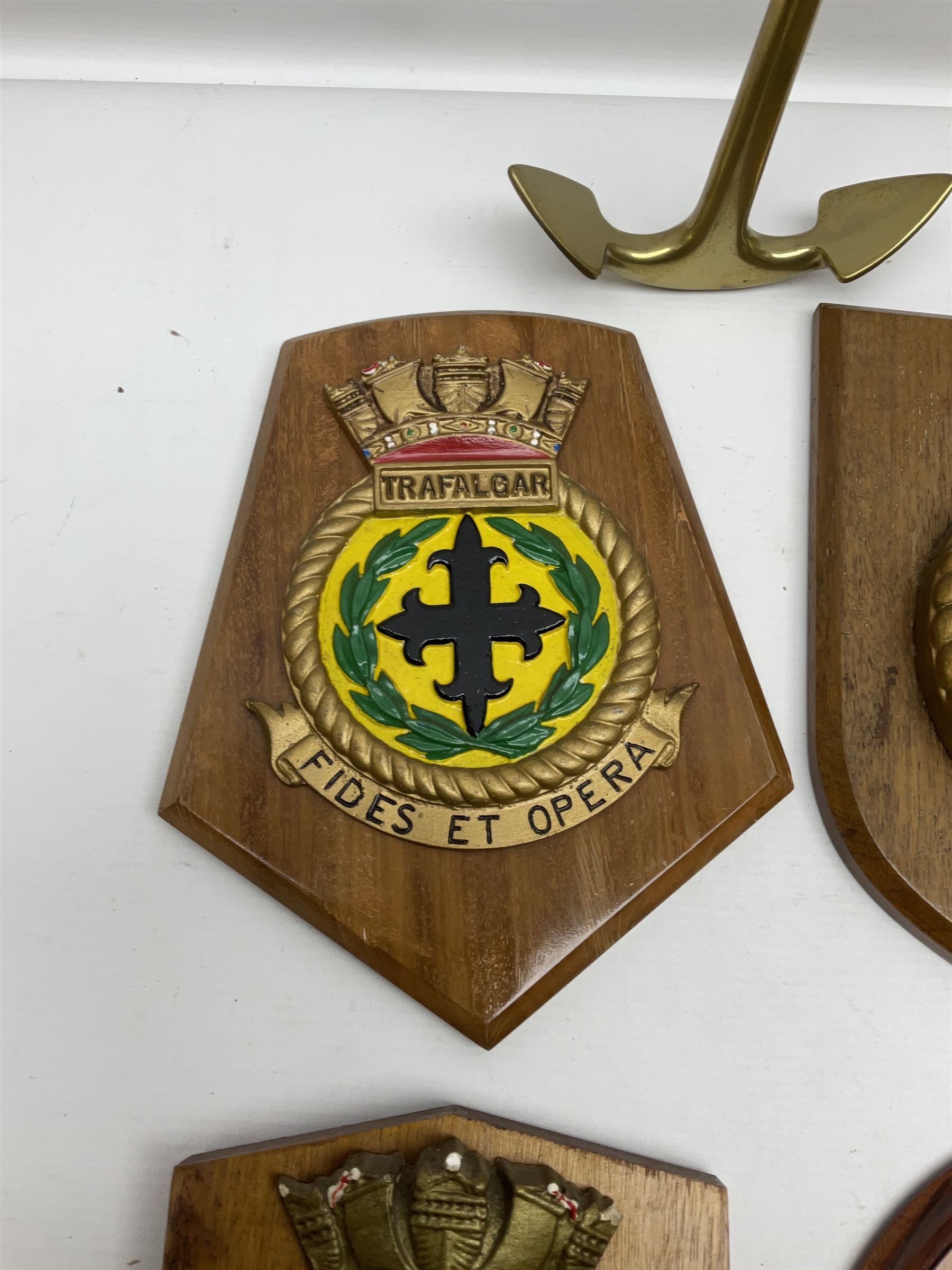 Navy crests upon wooden shields and a brass model anchor - Image 4 of 5