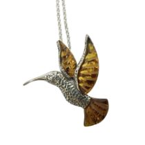 Silver Baltic amber hummingbird pendant necklace