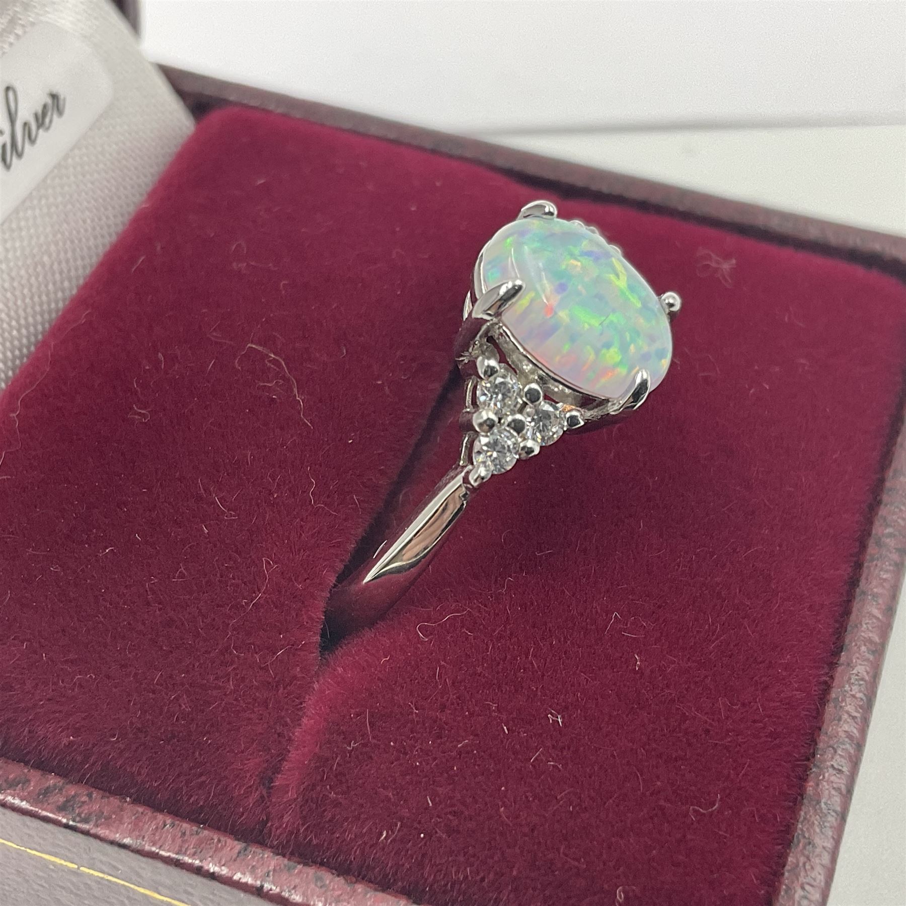 Silver cubic zirconia and opal cluster ring - Image 2 of 4
