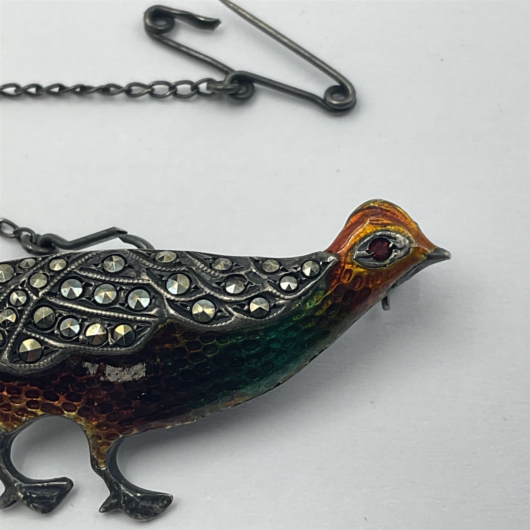 Silver enamel and marcasite pheasant brooch - Image 3 of 6