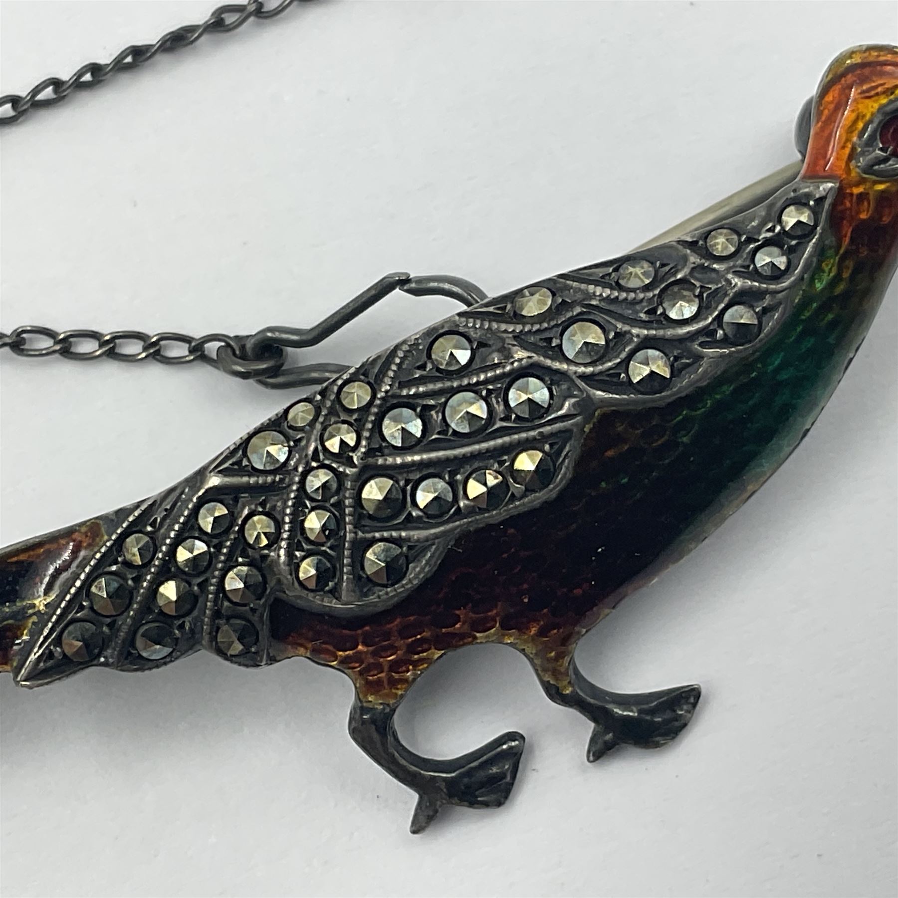 Silver enamel and marcasite pheasant brooch - Image 2 of 6