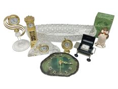 Six small mantel clocks; Grace Darling moulded glass dish; and boxed Beswick figure
