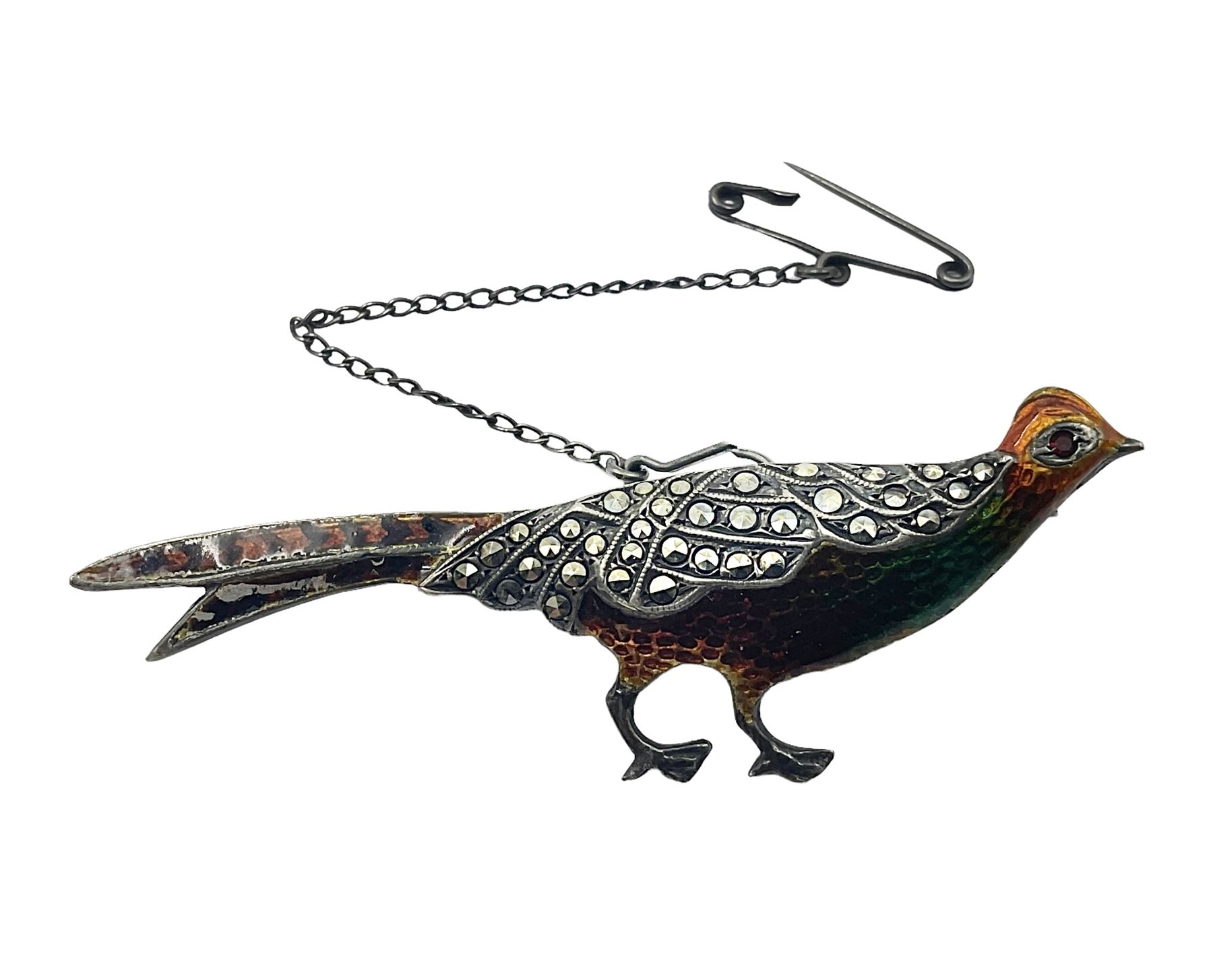 Silver enamel and marcasite pheasant brooch