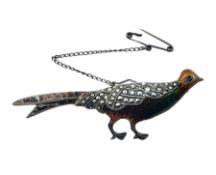 Silver enamel and marcasite pheasant brooch
